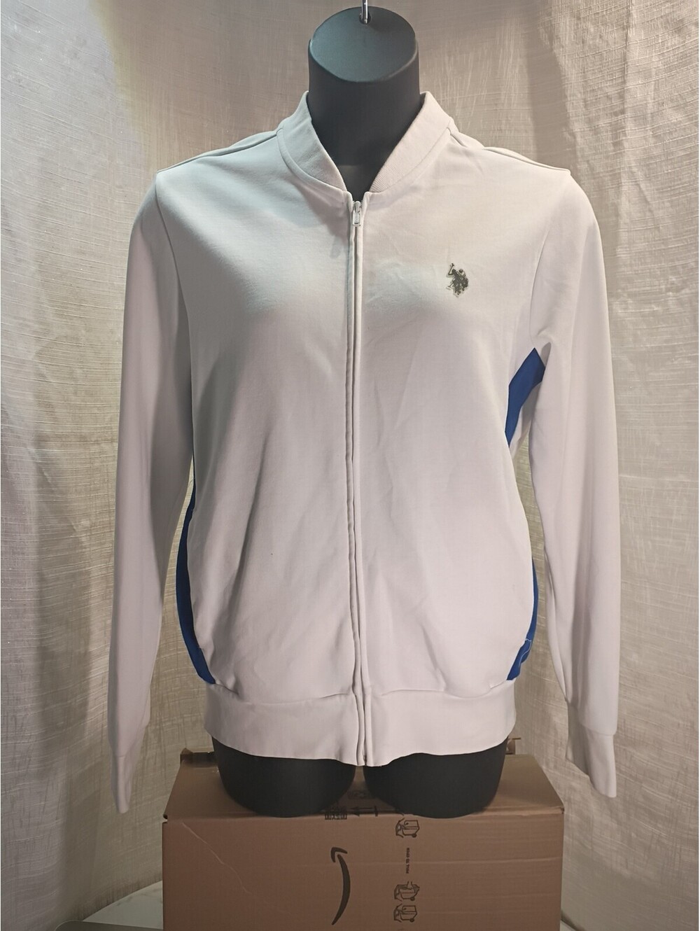 U.S. Polo ASSN. Long Sleeve Full Zip Up Men M White Blue Embroidered Logo Used